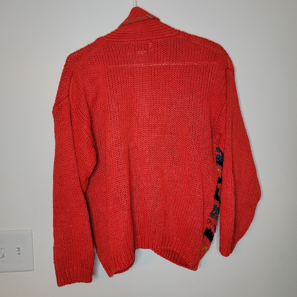 80s Carolina Colours Cardigan Sm Embroidered Knit Red Chunky Oversized Sweater - Picture 6 of 11